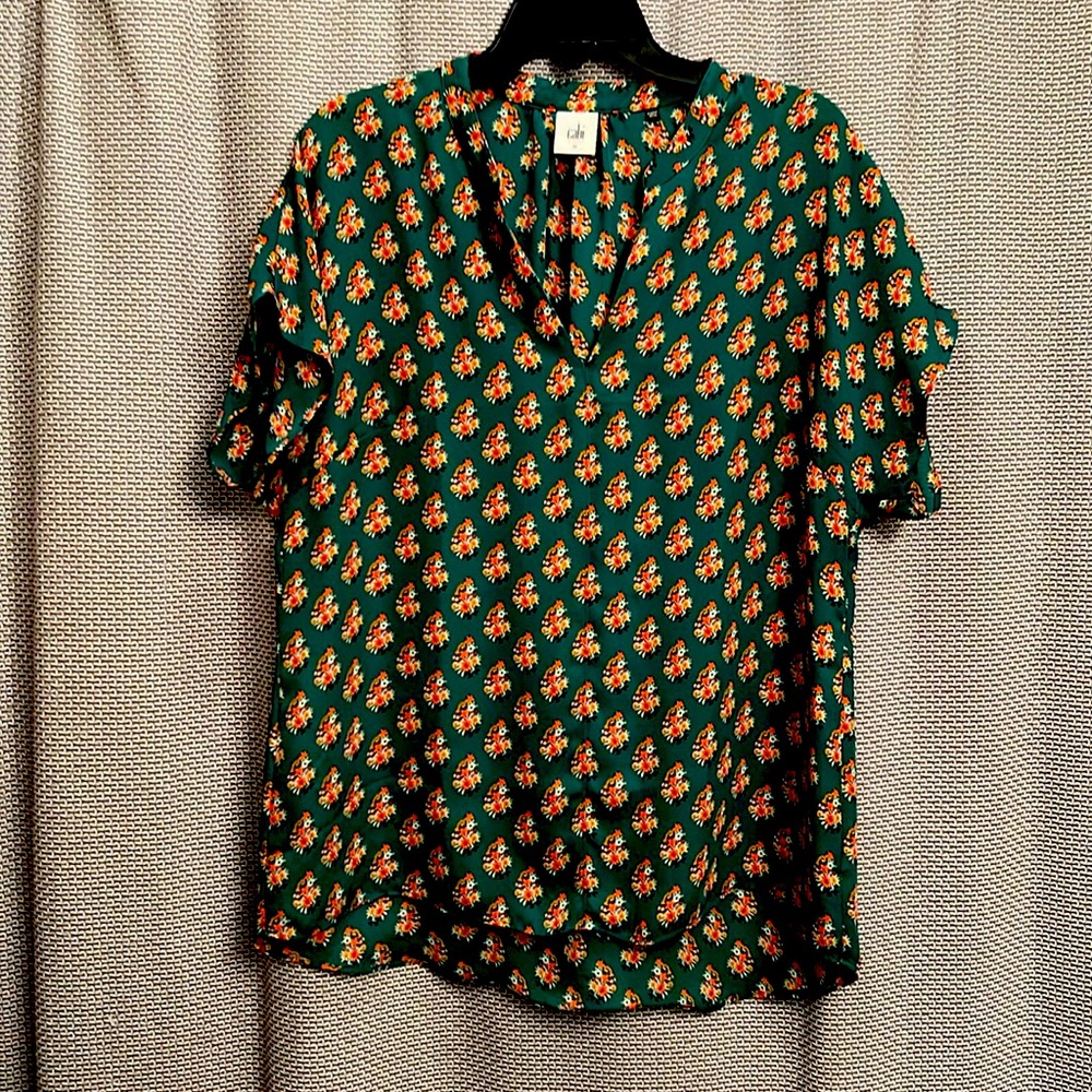 CAbi green short sleeved orange and yellow floral print size medium